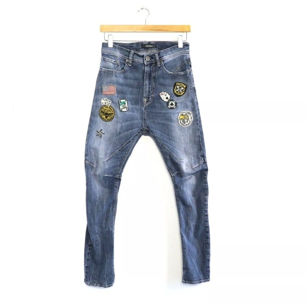 IMPERIAL men’s denim patch jeans skinny low rise unique designer embroidery XXS
